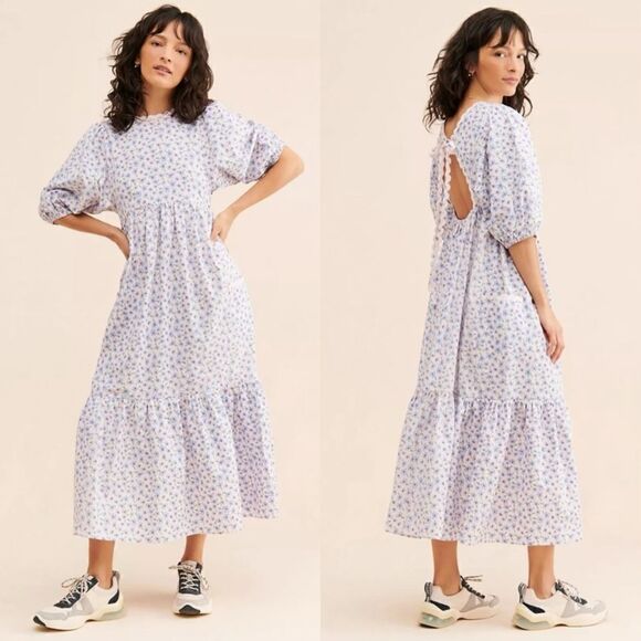 Damson Madder Clarice Ditsy Rik Rak Midi Back White Dress Floral Size 8 - Picture 1 of 16